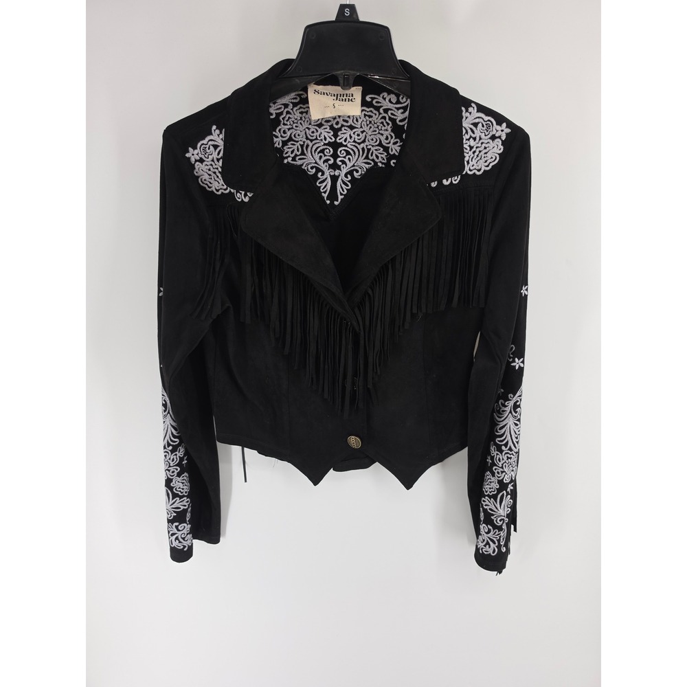 Savanna Jane Womens Black Faux Suede Fringe Embroidered Western Jacket Small